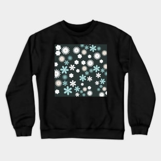 Blue and White Color Flowers Pattern Designs with Black Color Background Crewneck Sweatshirt